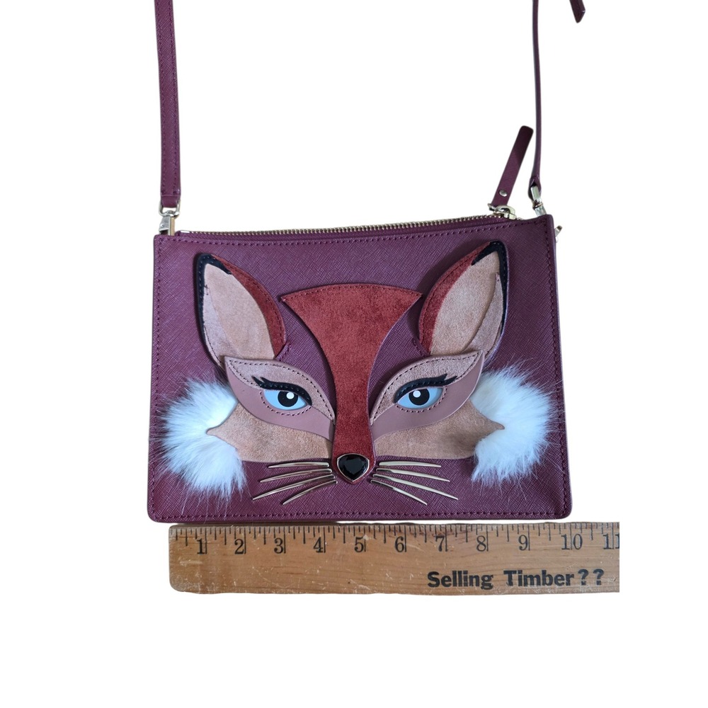 Kate Spade New York Fox Crossbody Bag Burgundy Saffiano Leather Whimsical Purse - Picture 8 of 10